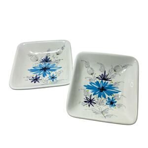Vintage Mid-Century Italian Ceramic Small Plates Hand-Painted Blue Floral Marked